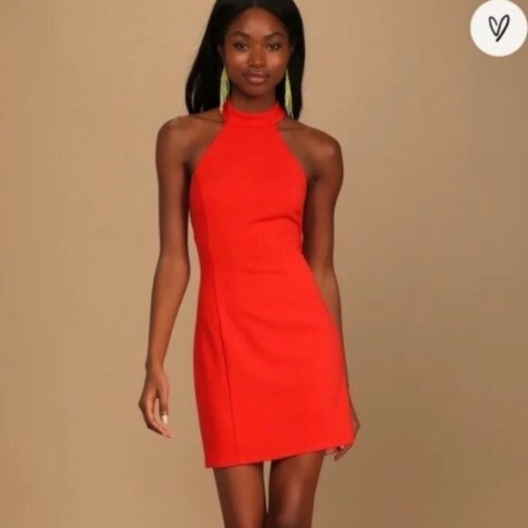Lulu’s Mini Halter Bodycon Dress Red Orange Large - Picture 2 of 12